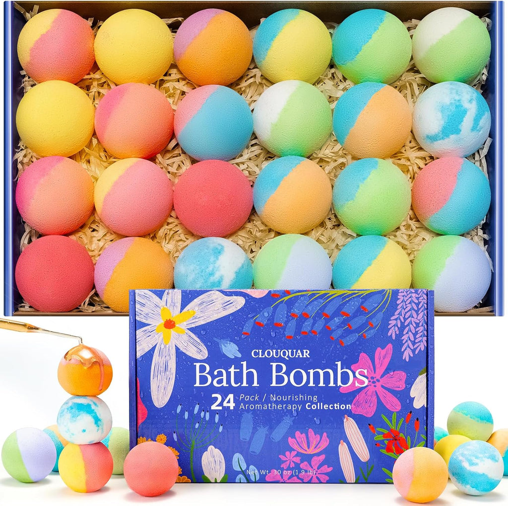 Clouquar Hemp Oil Bath Bombs Gift Set front view with 24 count colorful fizzies and blue floral box