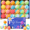 Clouquar Hemp Oil Bath Bombs Gift Set front view with 24 count colorful fizzies and blue floral box