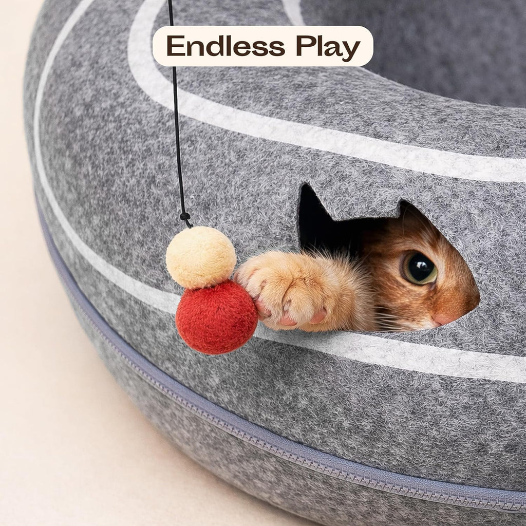 Peekaboo Cat Cave Donut - Cat Tunnel Bed for Indoor Cats - Cute Patterns Hideaway for Multiple & Large Cats, Scratch-Resistant (Dark Gray) - Image 9