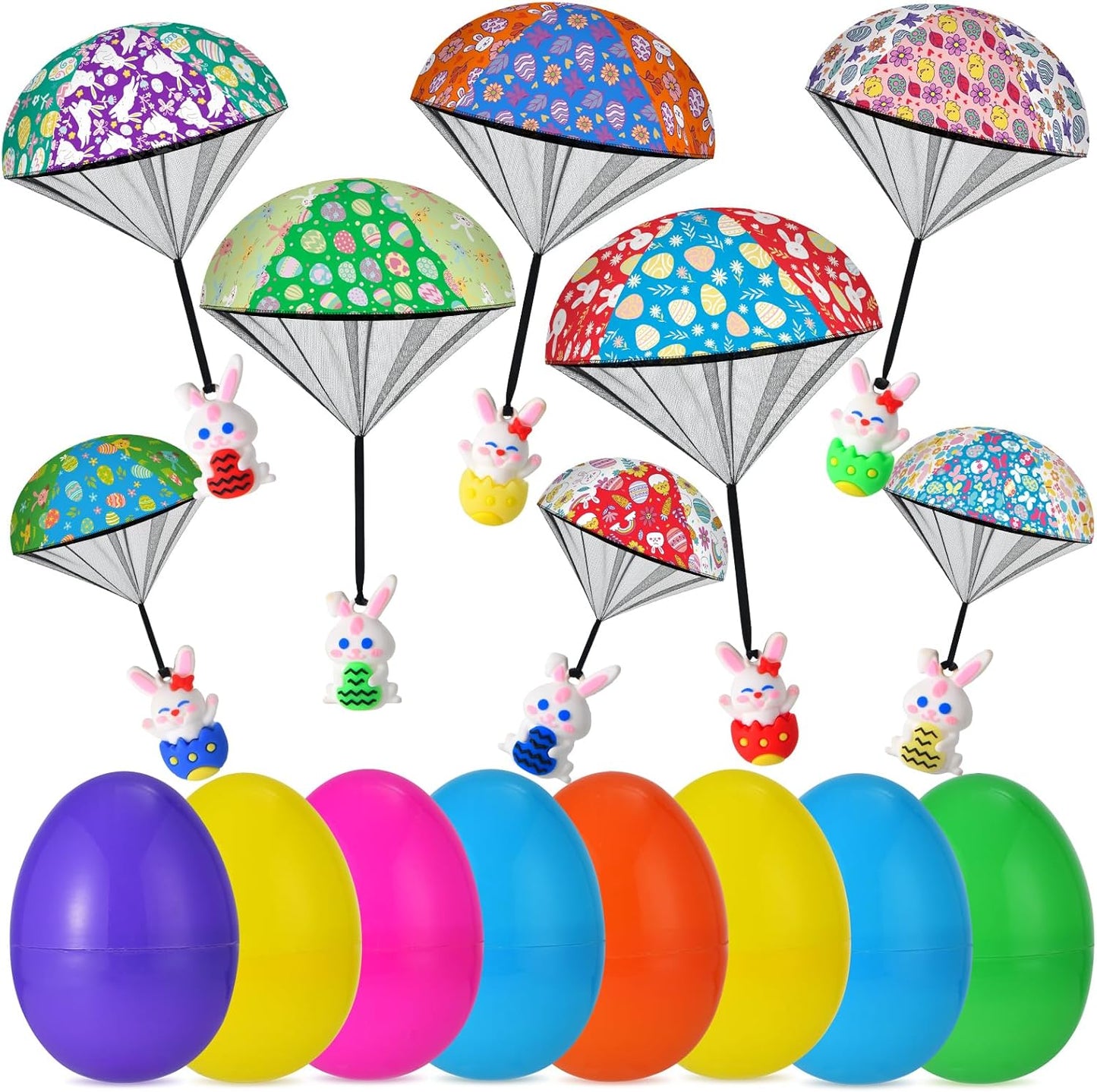 JOICEE 8 Pack Prefilled Easter Eggs Parachute Toys front view showcasing colorful plastic eggs.