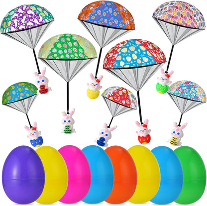 JOICEE 8 Pack Prefilled Easter Eggs Parachute Toys front view showcasing colorful plastic eggs.