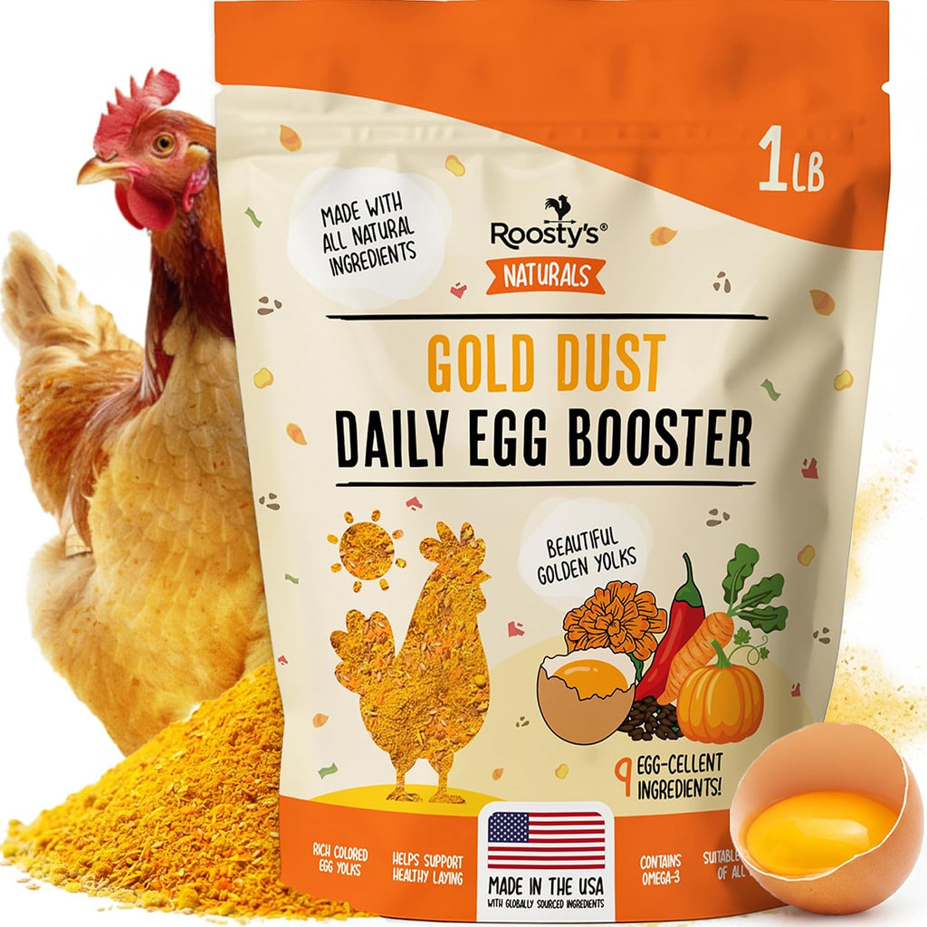 Roosty's Gold Dust Daily Egg Booster front view, 16 Ounce pouch.