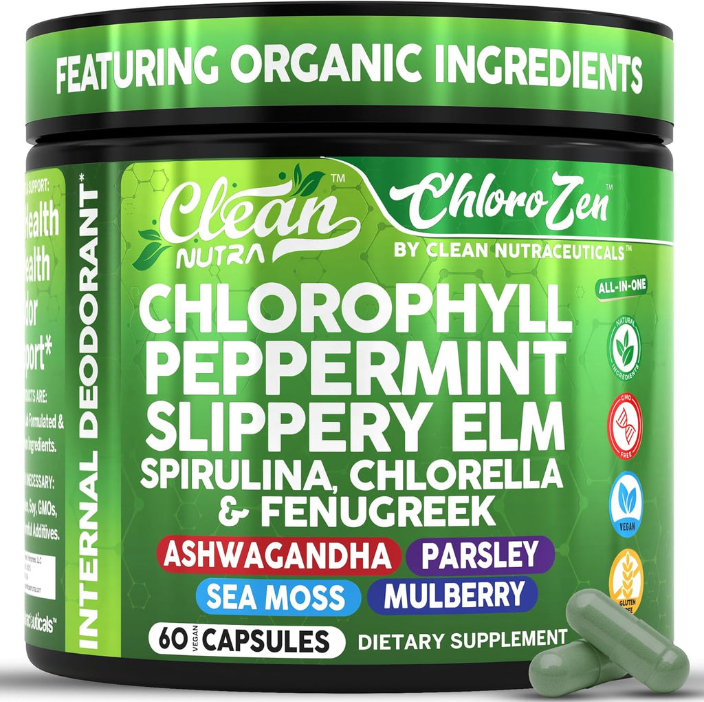 Clean Nutraceuticals Chlorophyll Capsules front view bottle for natural internal deodorant