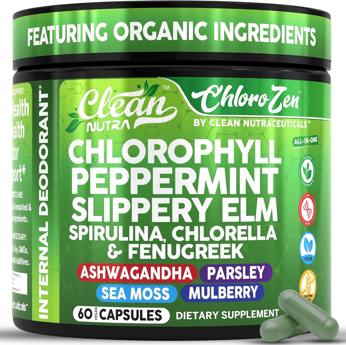 Clean Nutraceuticals Chlorophyll Capsules front view bottle for natural internal deodorant
