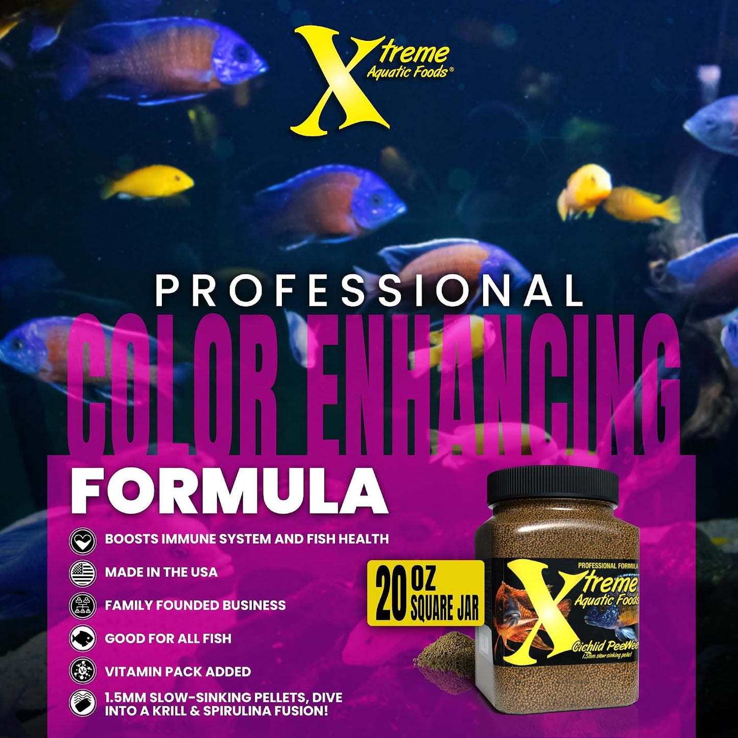 Xtreme Aquatic Foods fish food container with ingredient list visible