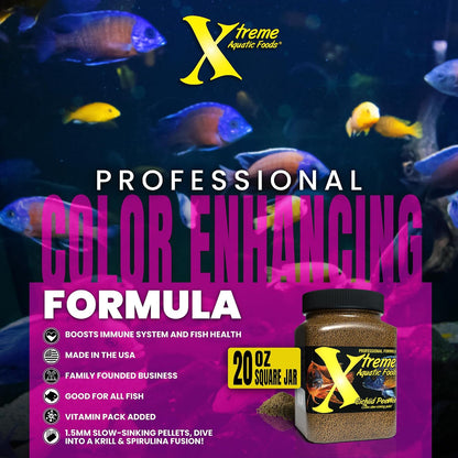 Xtreme Aquatic Foods fish food container with ingredient list visible