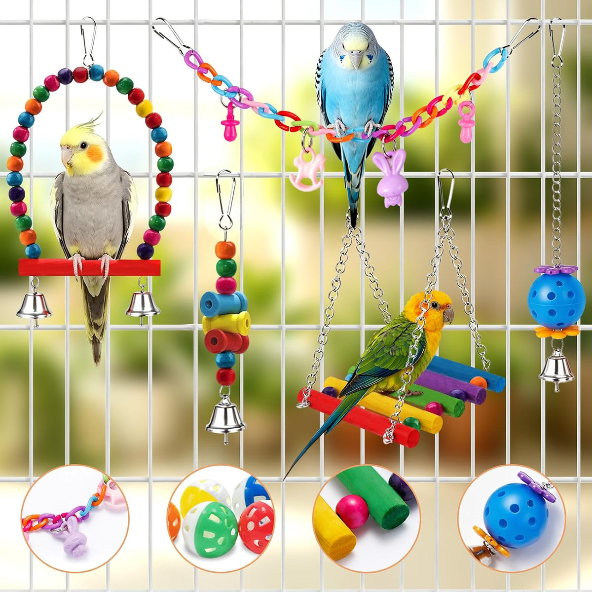 Kyouki colorful parakeet toys hanging swing and beads