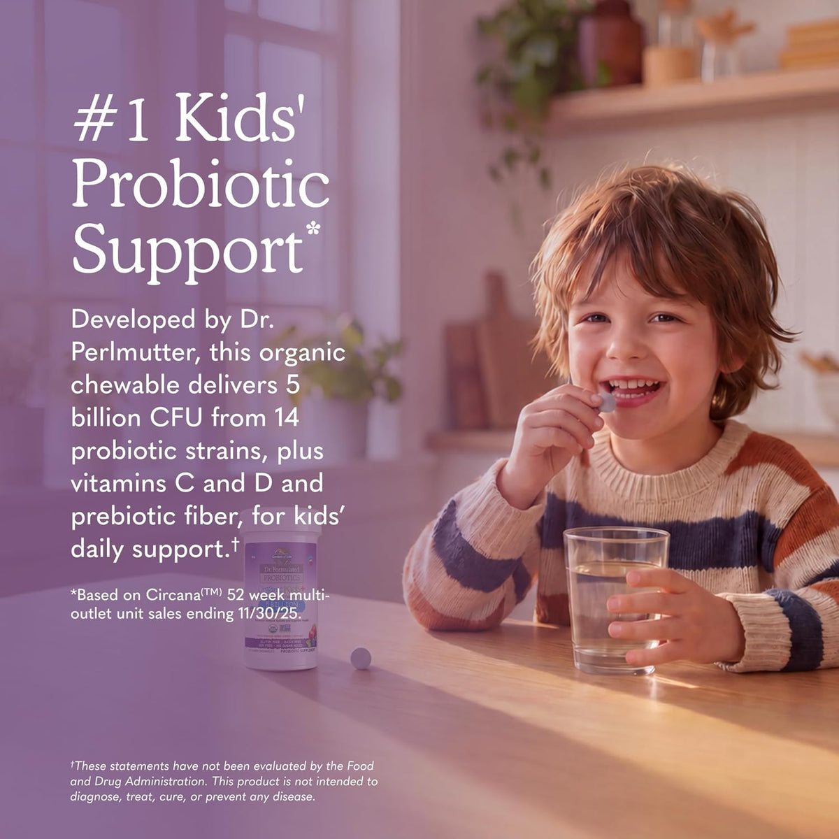 Garden of Life kids probiotic chewable supplement bottle side label details