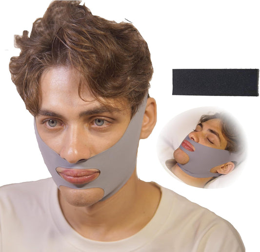 INCANDESCO Anti Snoring Chin Strap front view showing gray mesh design.