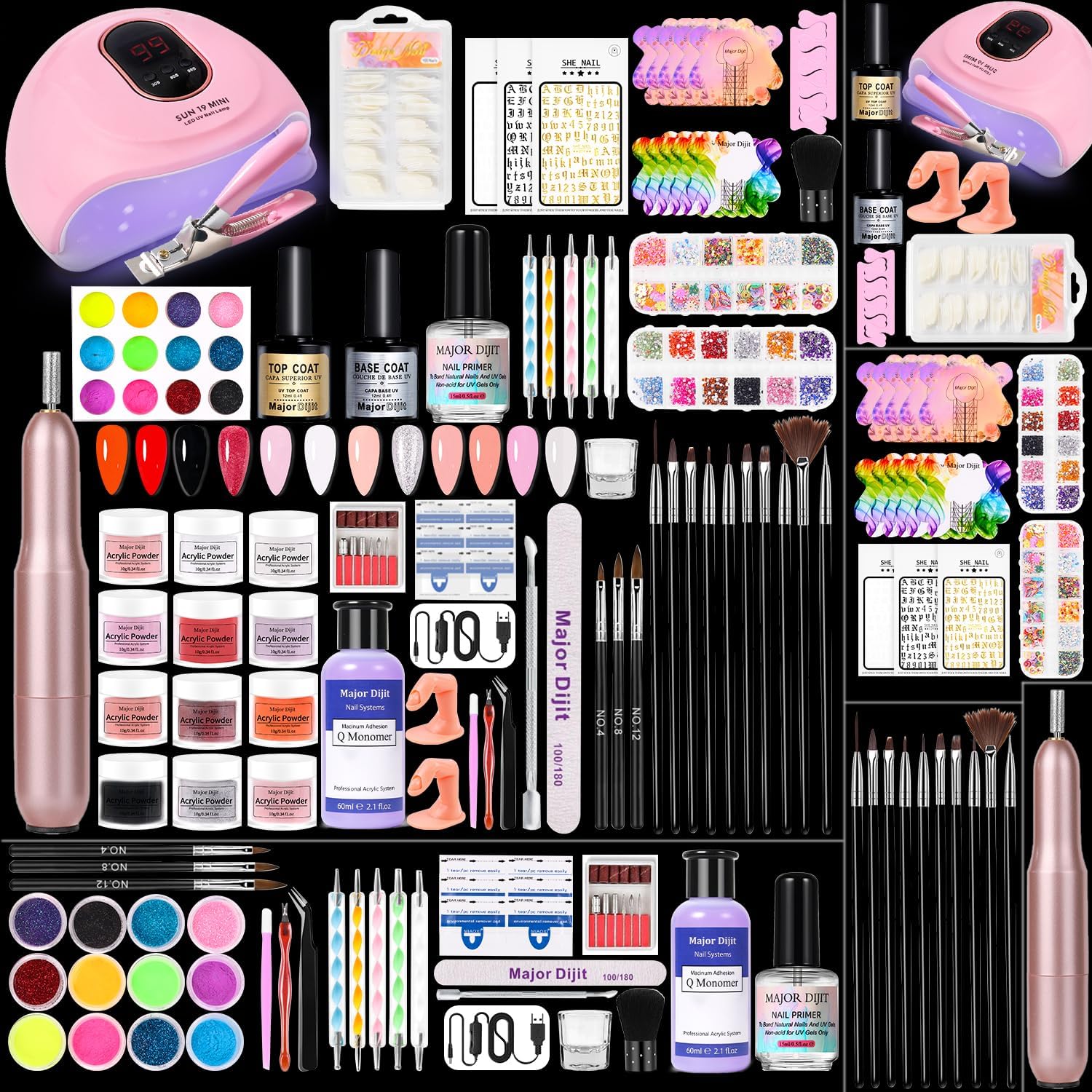 Major Dijit complete acrylic nail kit with LED lamp and electric drill front view