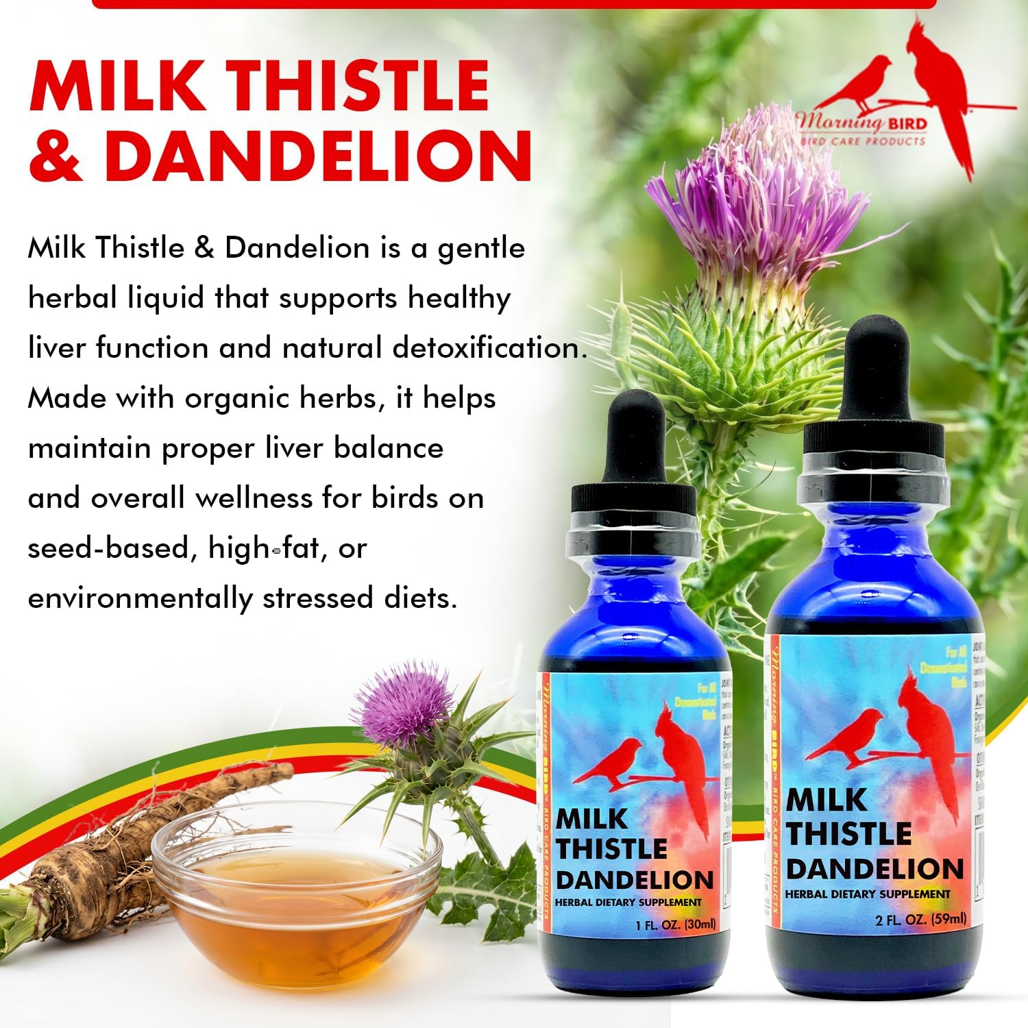 Morning Bird avian liquid detox supplement packaging showing organic ingredients list