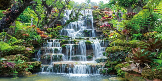 AWERT waterfall aquarium background front view showing vibrant green tropical forest park design