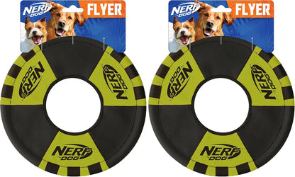 Durable Nerf Dog ring toy held by hand for scale