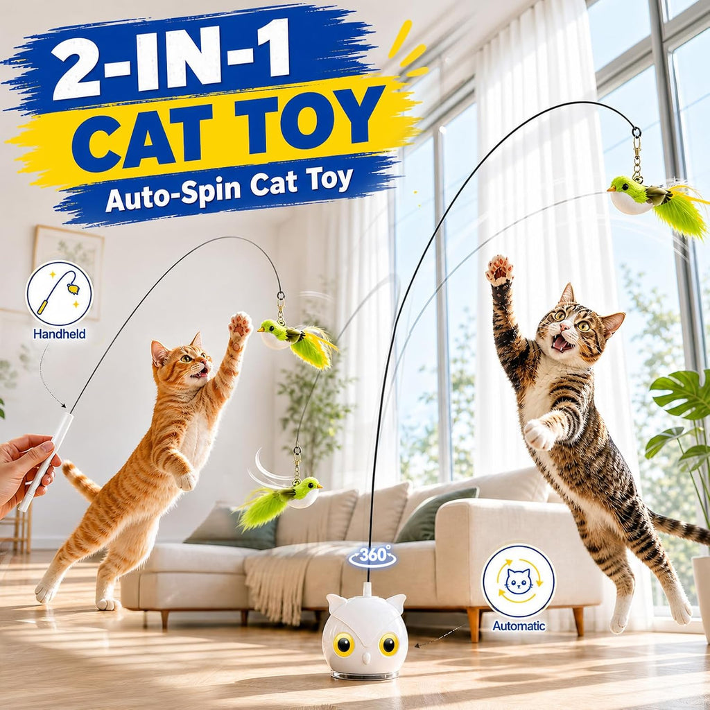 CATPICK automatic flying bird toy attached to a glass window with a cat playing