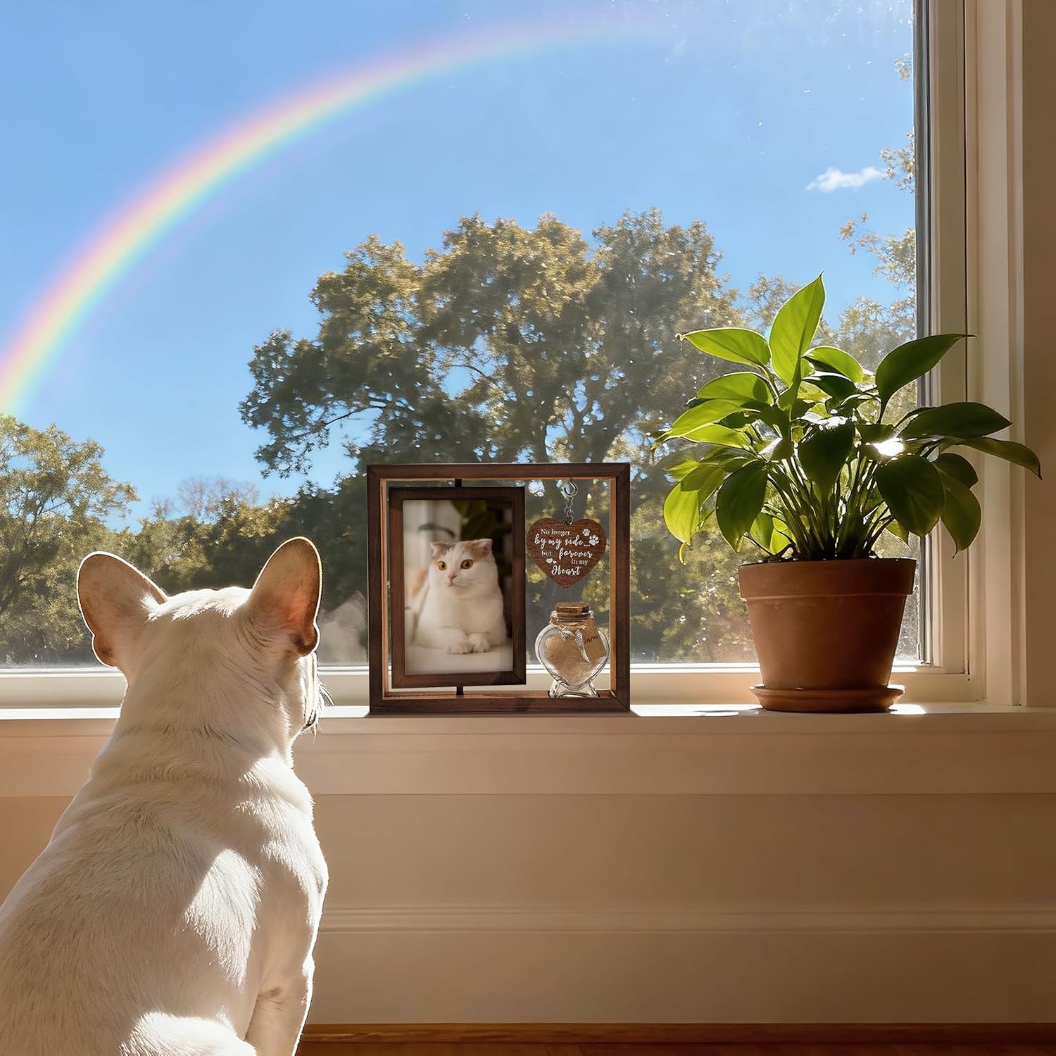 Elegant brown wooden pet remembrance frame on a desktop setting.