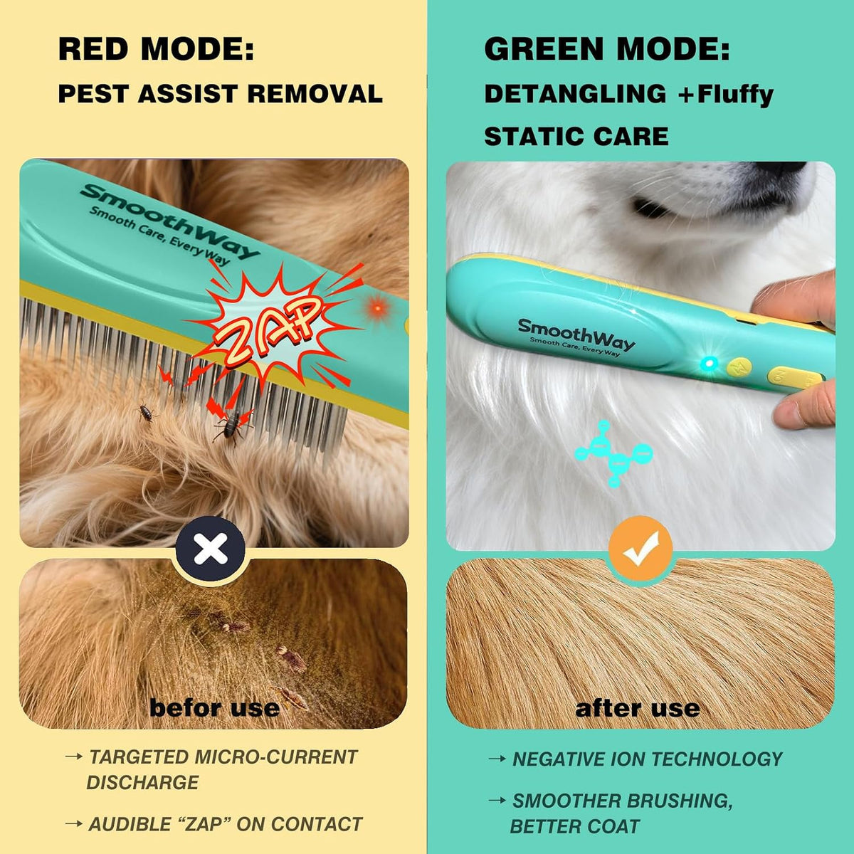 Grooming a long-haired dog with Smoothway flea comb