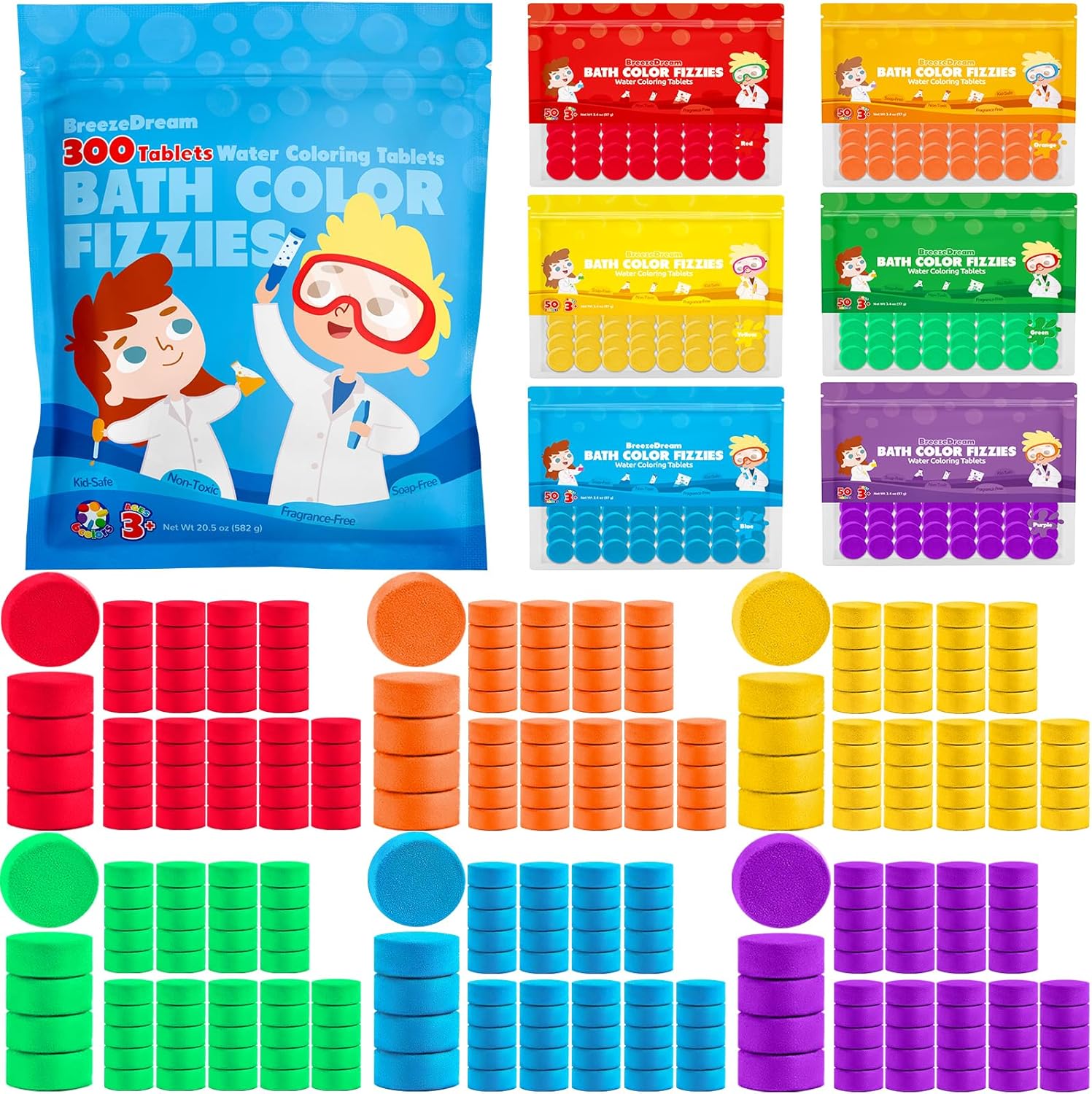 Color My Bath kids bath color tablets three hundred count jar front view showing vibrant colors.
