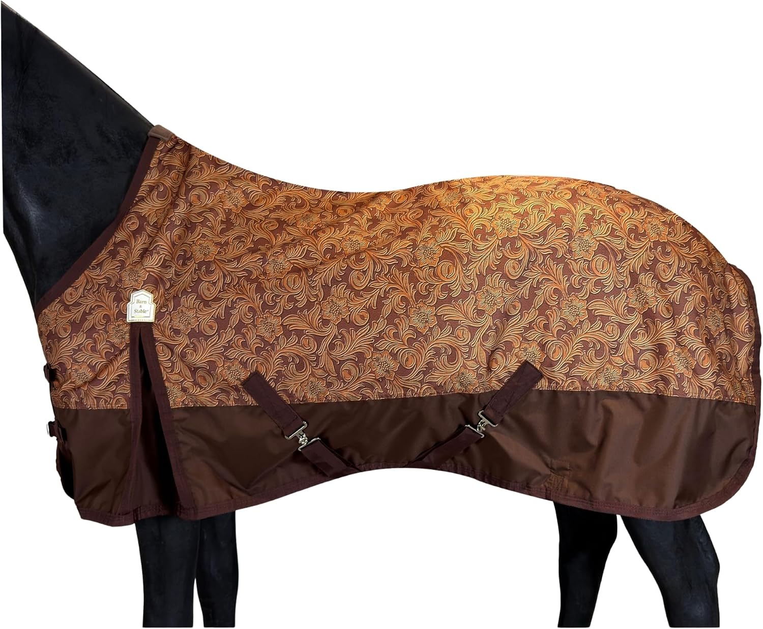 Barn And Stable lightweight horse turnout sheet front view on a horse in brown embossed leather pattern.