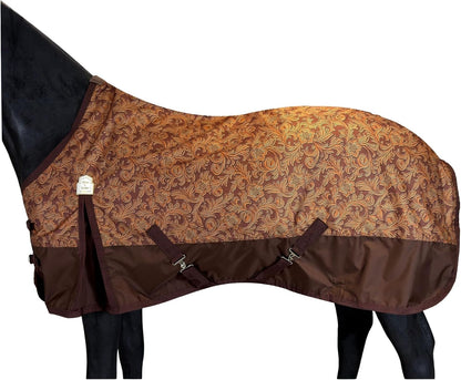 Barn And Stable lightweight horse turnout sheet front view on a horse in brown embossed leather pattern.