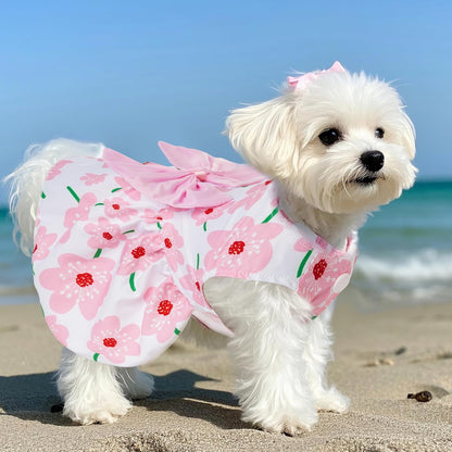 Choyaxo pink flower pet dress worn by a small cat relaxing indoors.