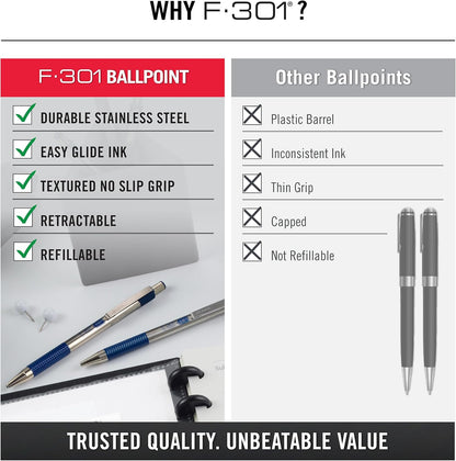 Zebra Pen F-301 Ballpoint Blue Ink Fine Point 0.7mm Pen, Easy-Glide Ink, Stainless Steel Retractable, Non-Slip Grip, Professional Design, Ideal for Office, Journal and Planner Use, 2-Pack (27122) - Image 8