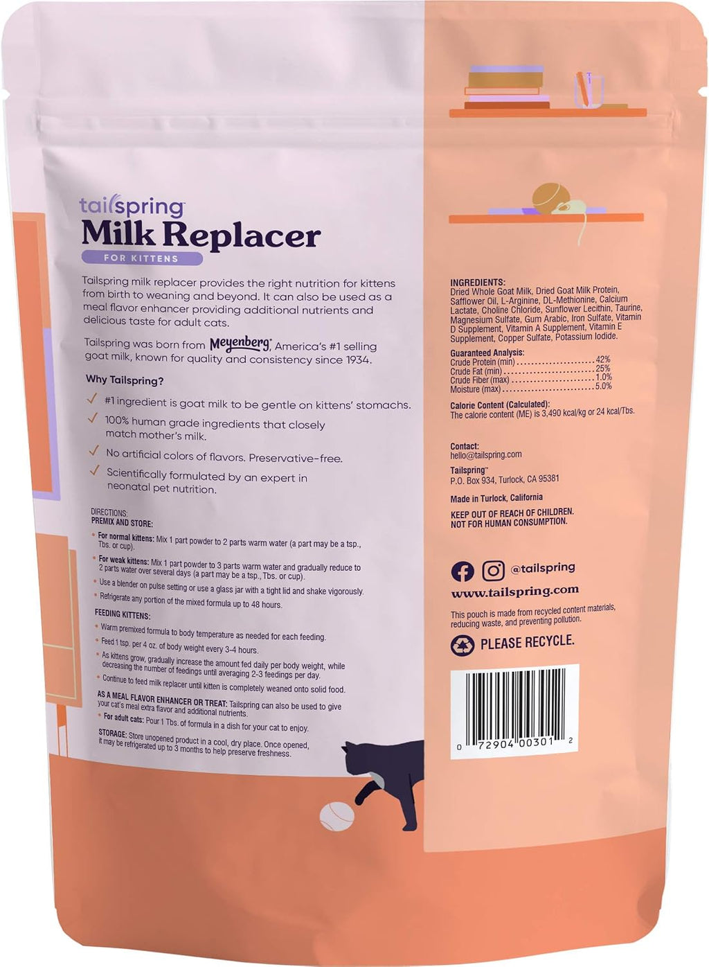 Tailspring goat milk replacer powder container back label view