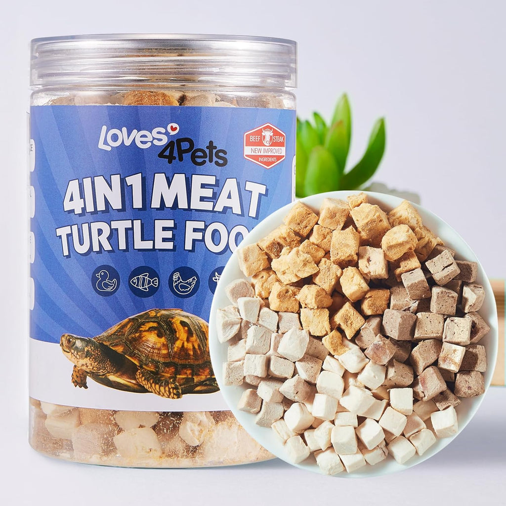 Loves4Pets Freeze Dried Turtle Food front view container showcasing the 4 in 1 meat blend protein treats