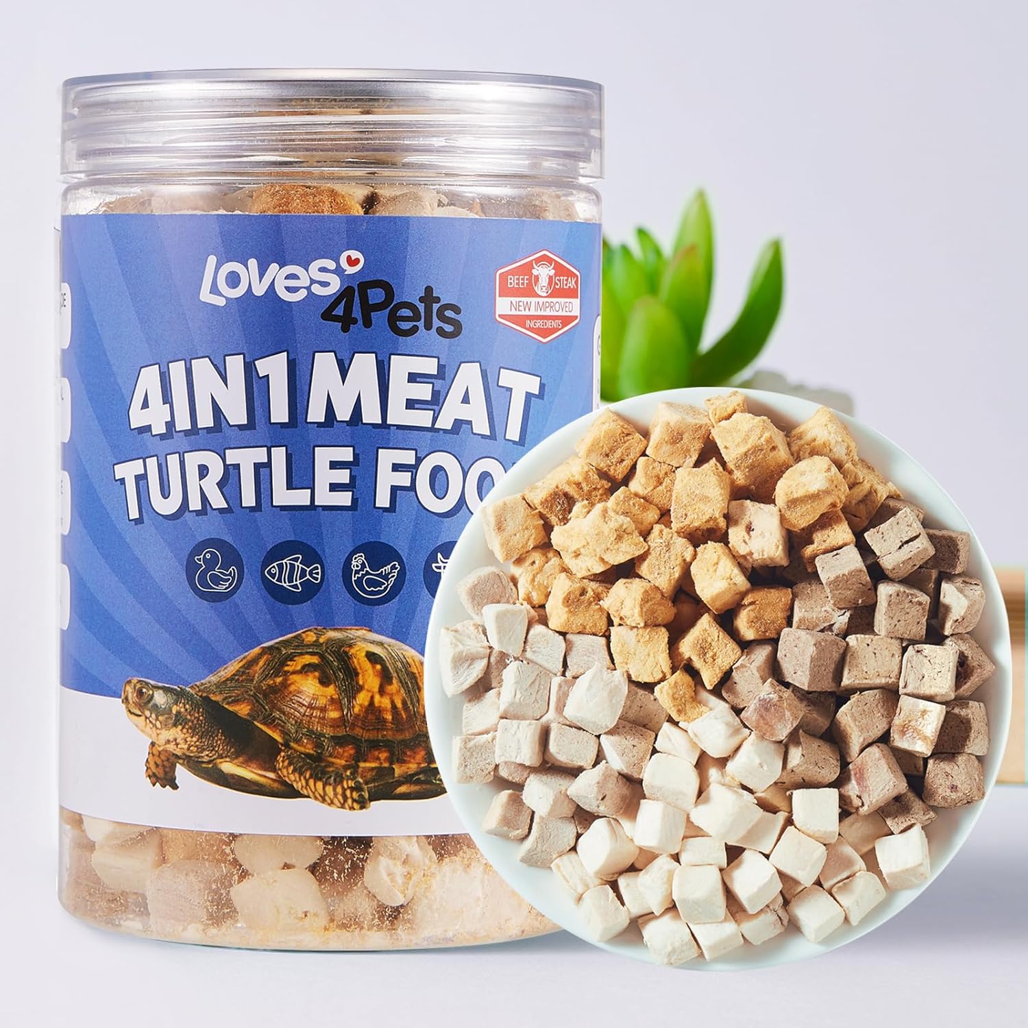 Loves4Pets Freeze Dried Turtle Food front view container showcasing the 4 in 1 meat blend protein treats