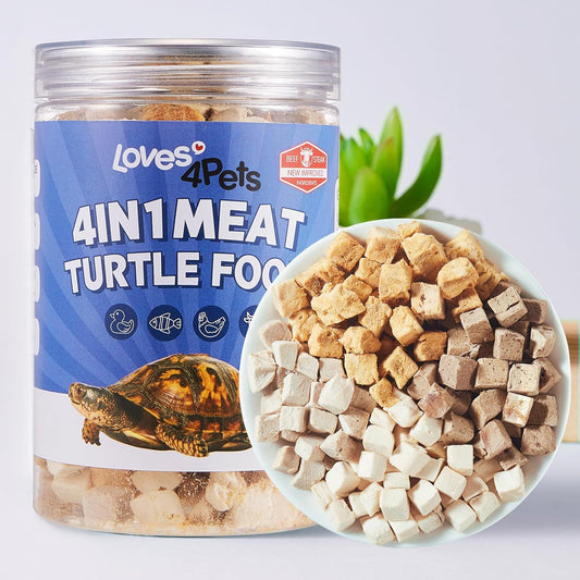 Loves4Pets Freeze Dried Turtle Food front view container showcasing the 4 in 1 meat blend protein treats