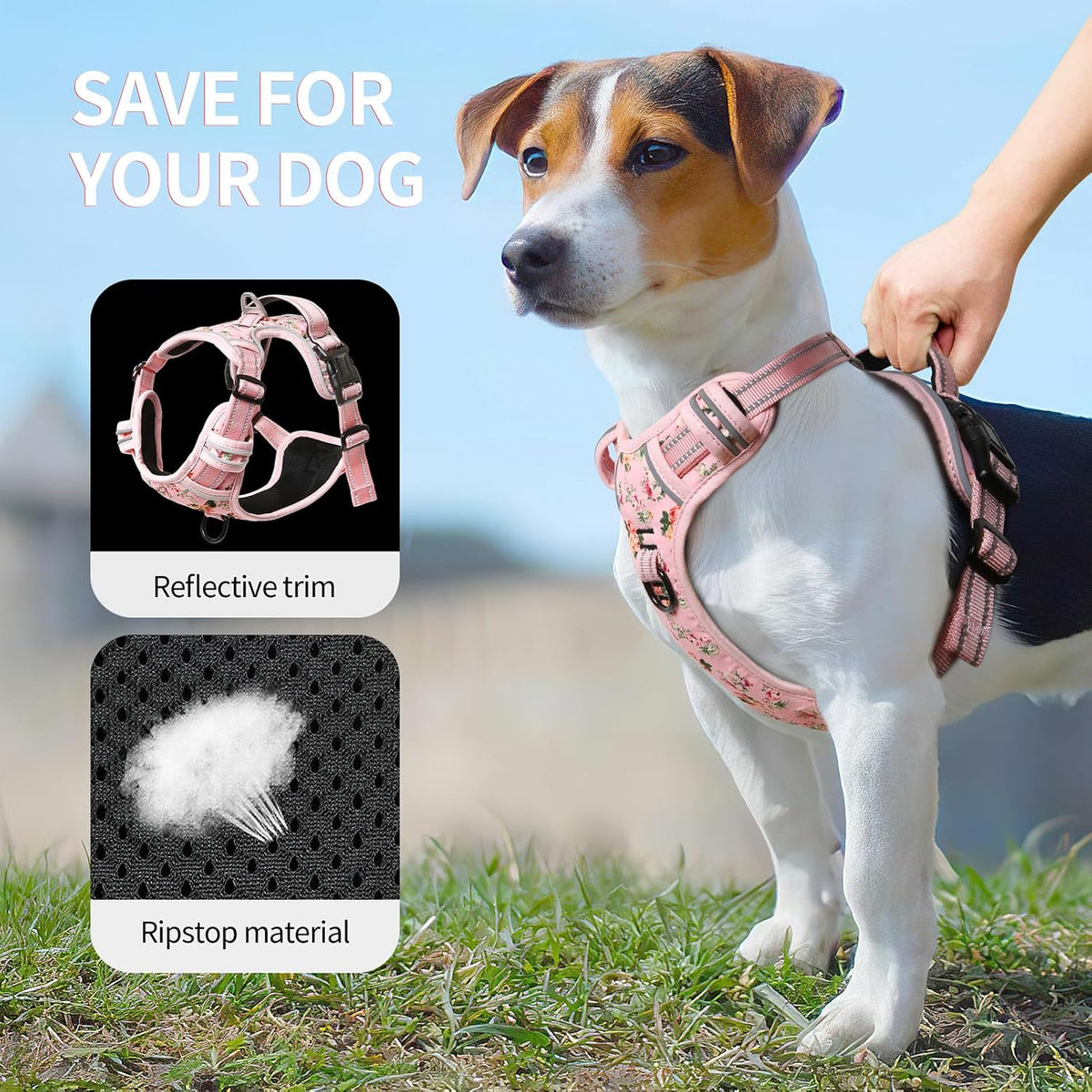 HEELE adjustable dog harness reflective safety strips close up view
