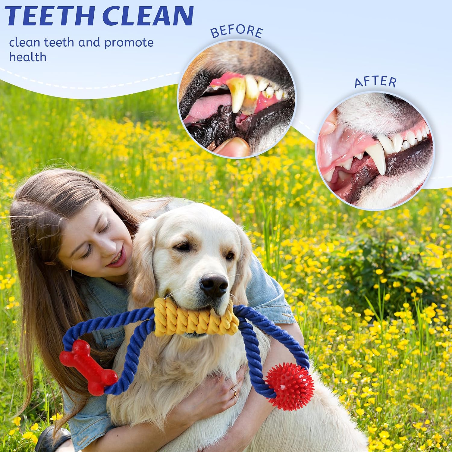 Durable cotton rope toy with textured red rubber spikes and bone accents for aggressive chewers.