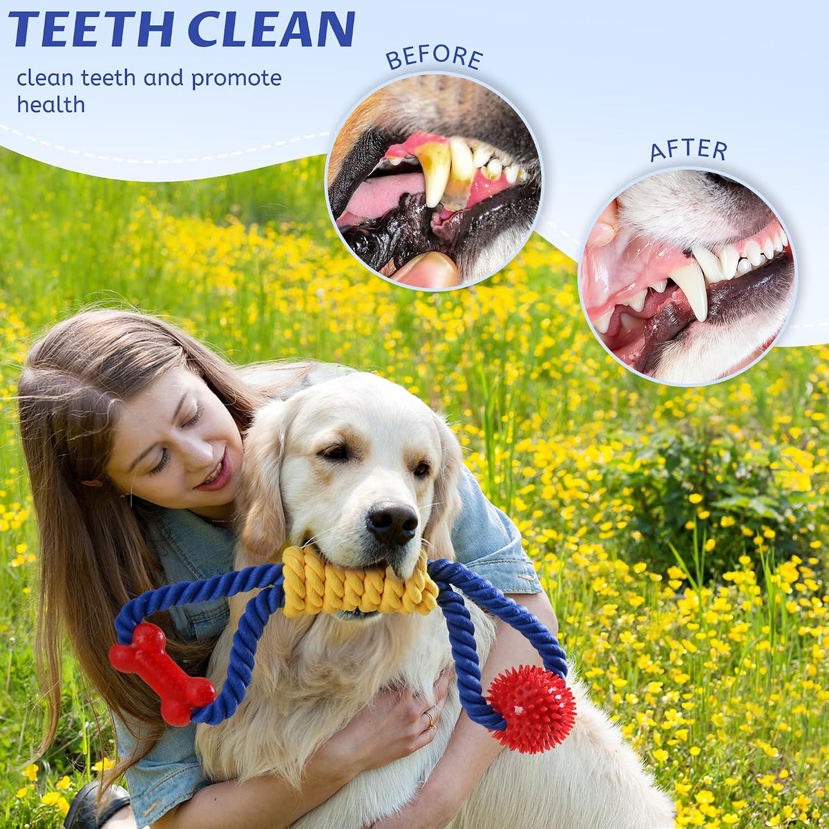 Durable cotton rope toy with textured red rubber spikes and bone accents for aggressive chewers.