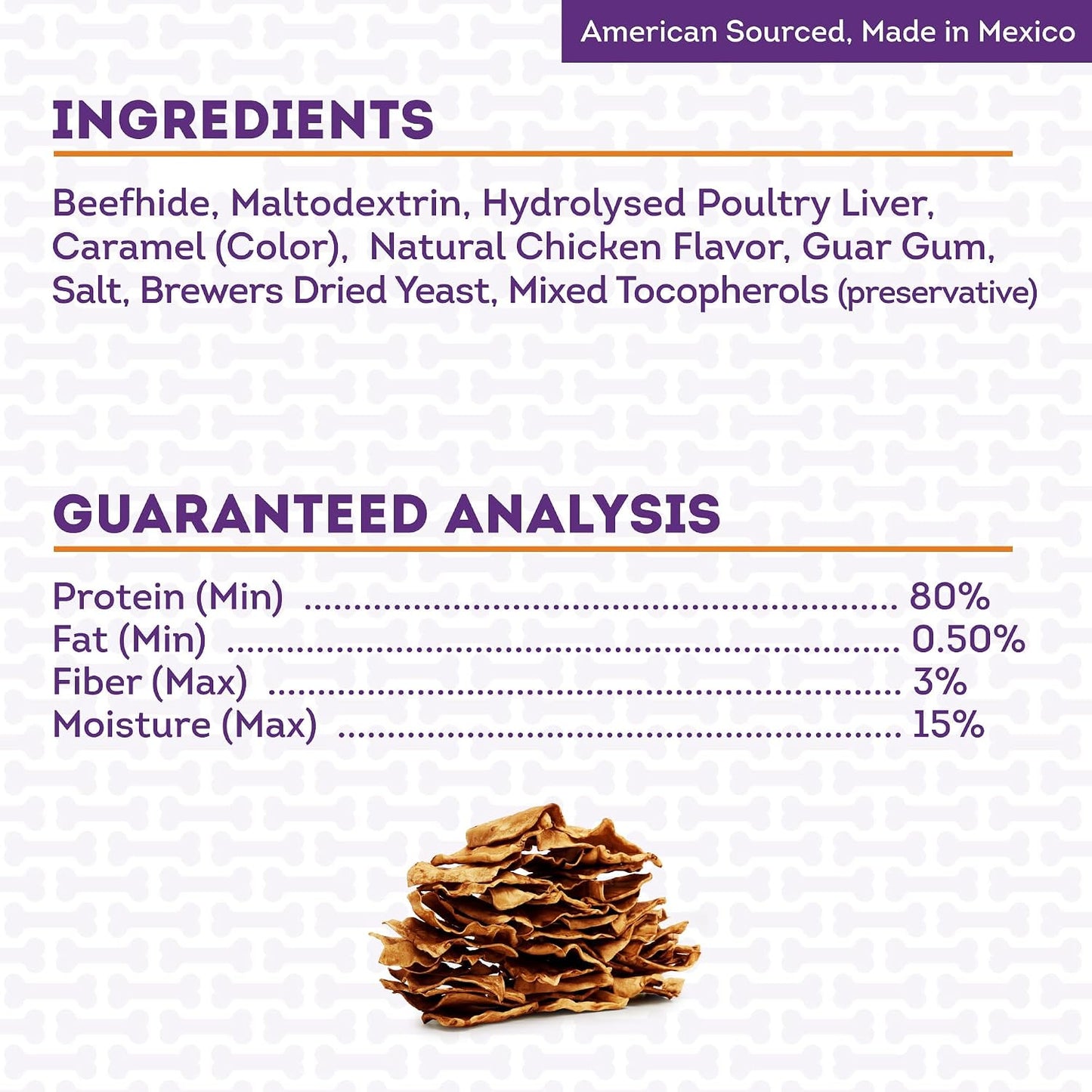 Gluten free chicken basted long lasting rawhide chips for large dogs.
