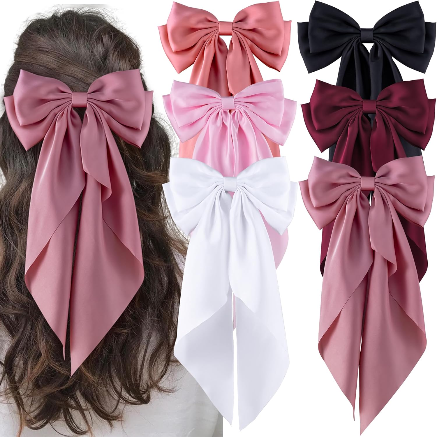 Jahan Fashion Hub 6 pack large satin bow hair clips front view