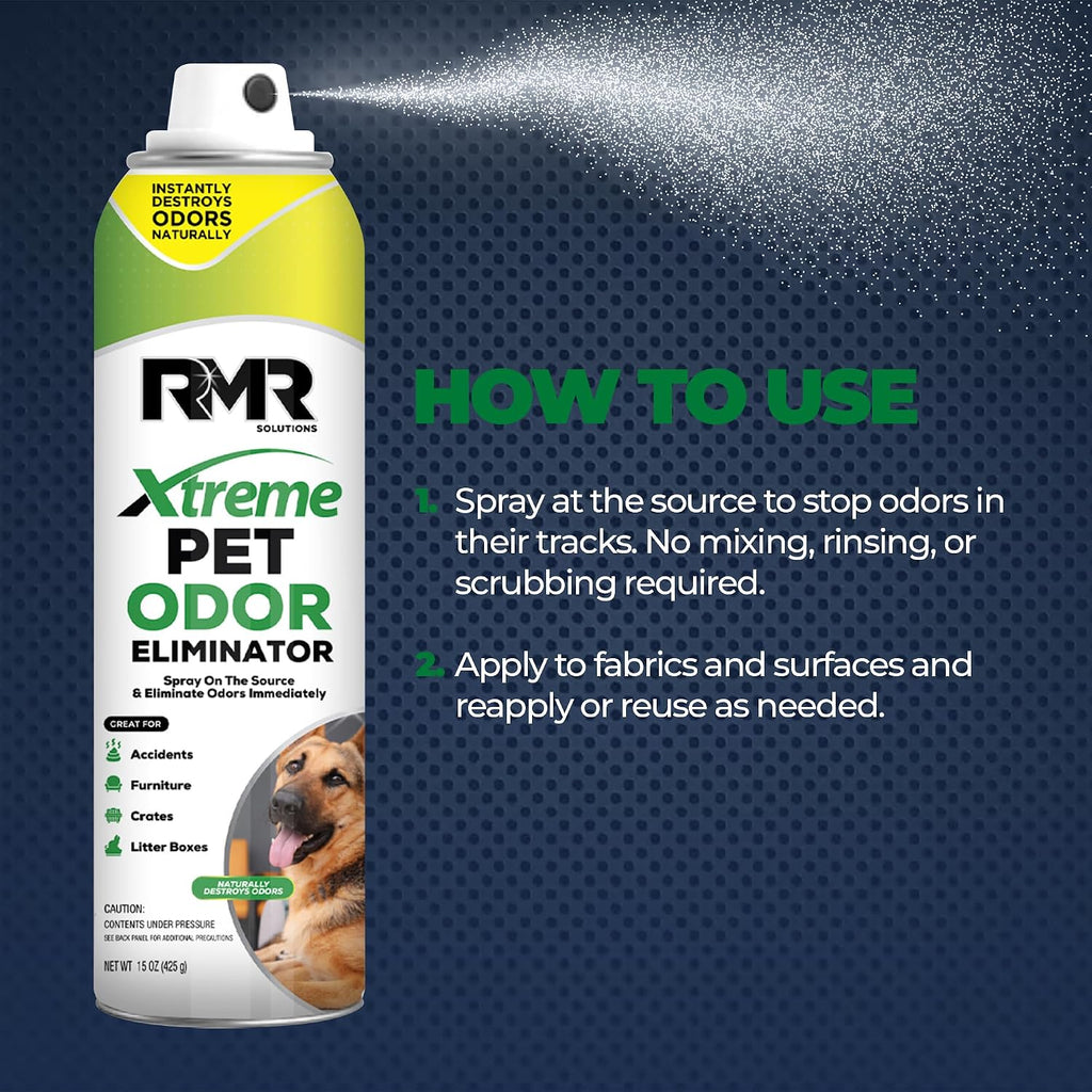 Application of RMR pet odor remover on a cat litter box