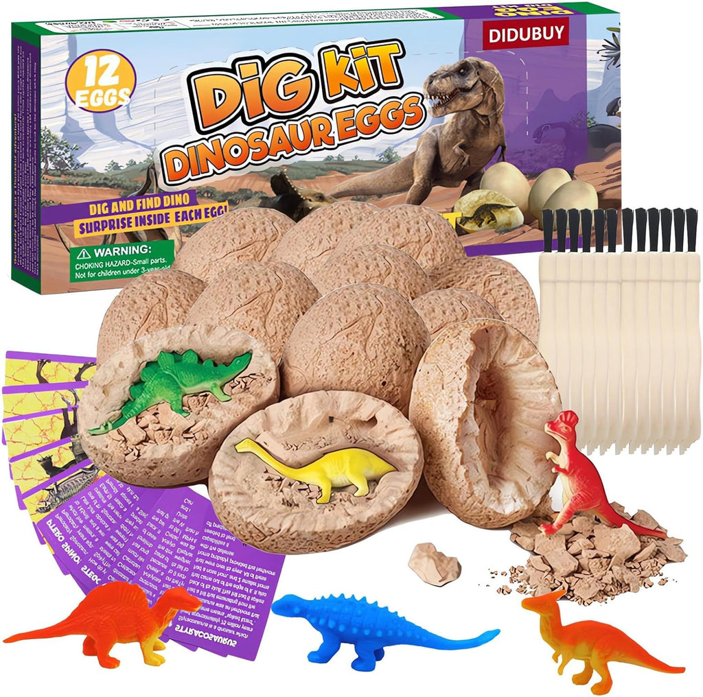 Didubuy Dino Eggs Dig Kit front view of the packaging box showing colorful prehistoric graphics