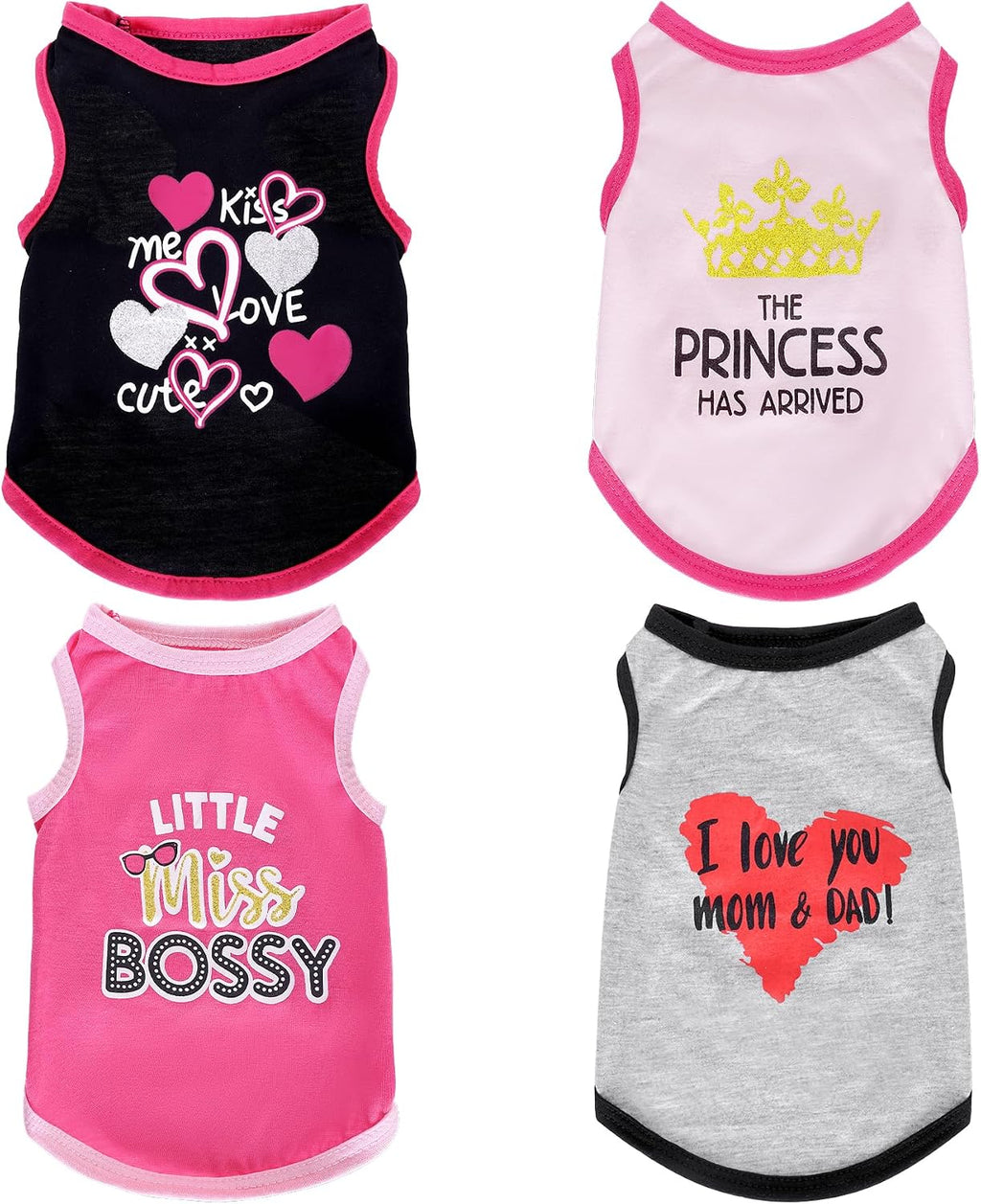 Pistha 4 pack sleeveless dog shirts front view with heart prints