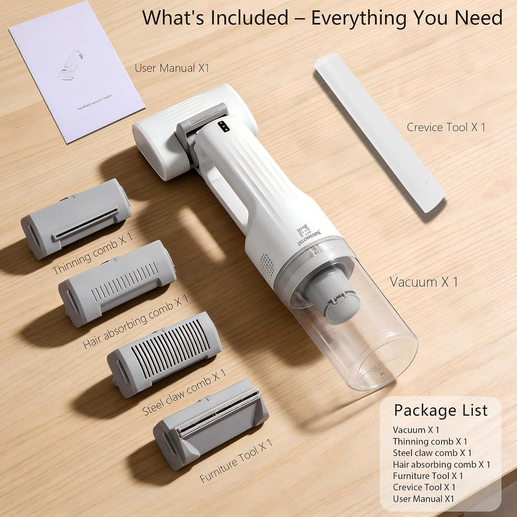 Delomenpa premium pet grooming kit package showing the nine kilopascal suction handheld cordless vacuum unit