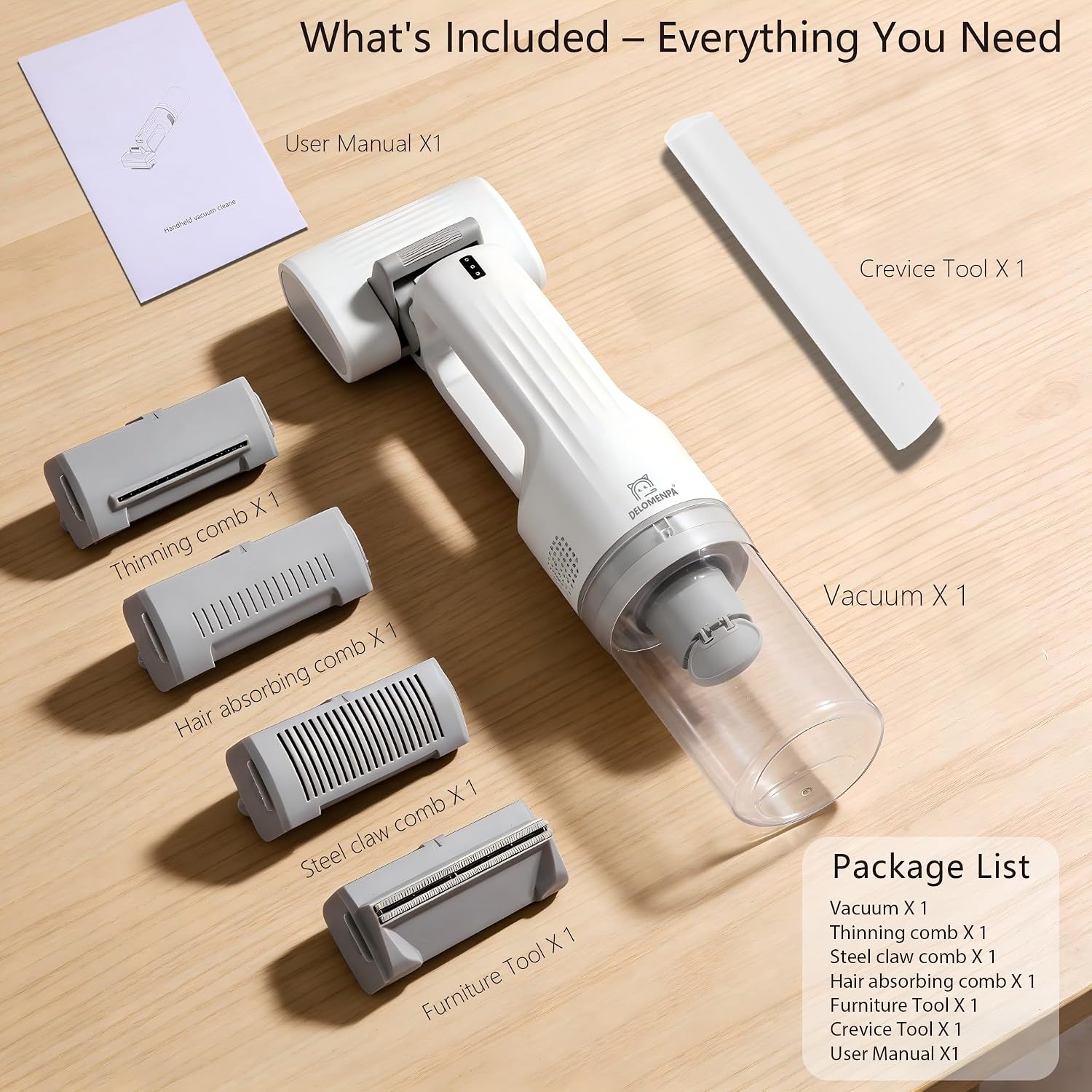 Delomenpa premium pet grooming kit package showing the nine kilopascal suction handheld cordless vacuum unit