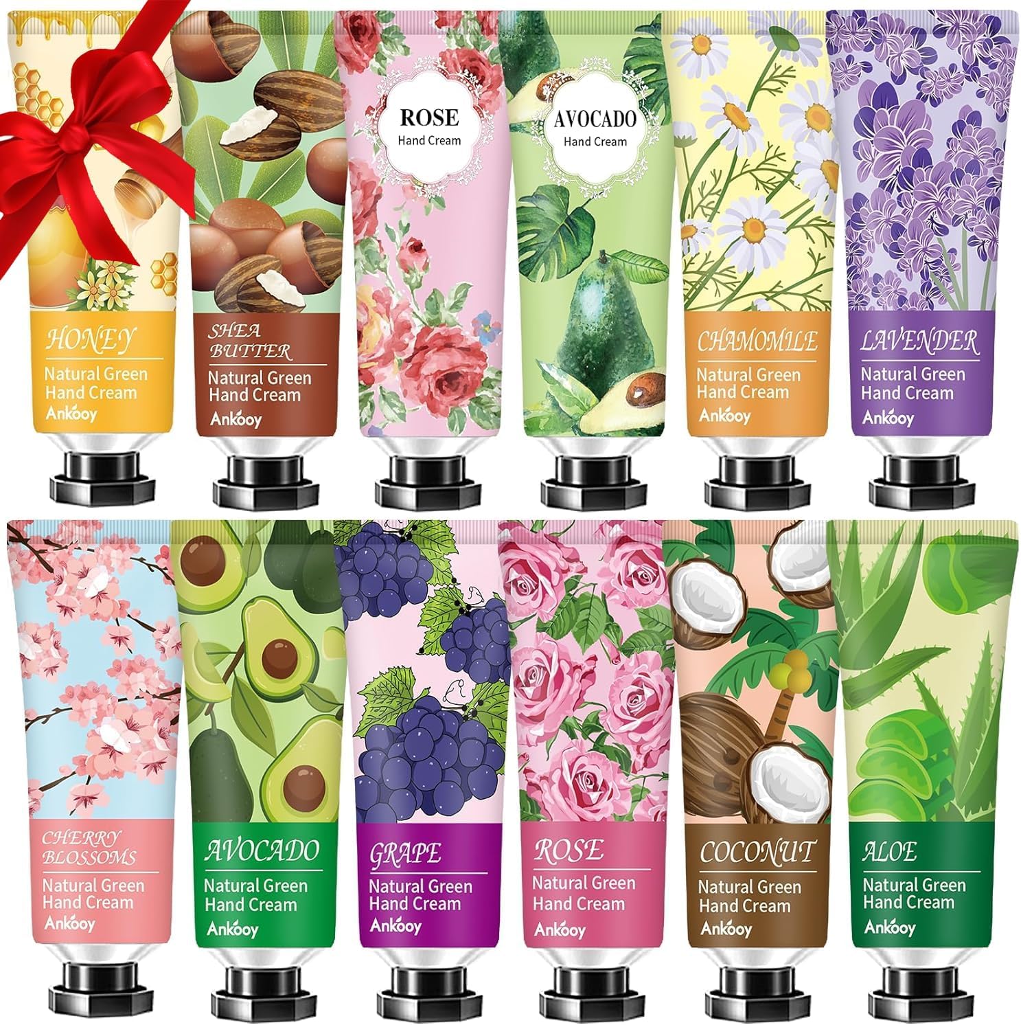 Ankooy 12 pack hand cream gift set front view featuring colorful tubes of moisturizing travel lotion