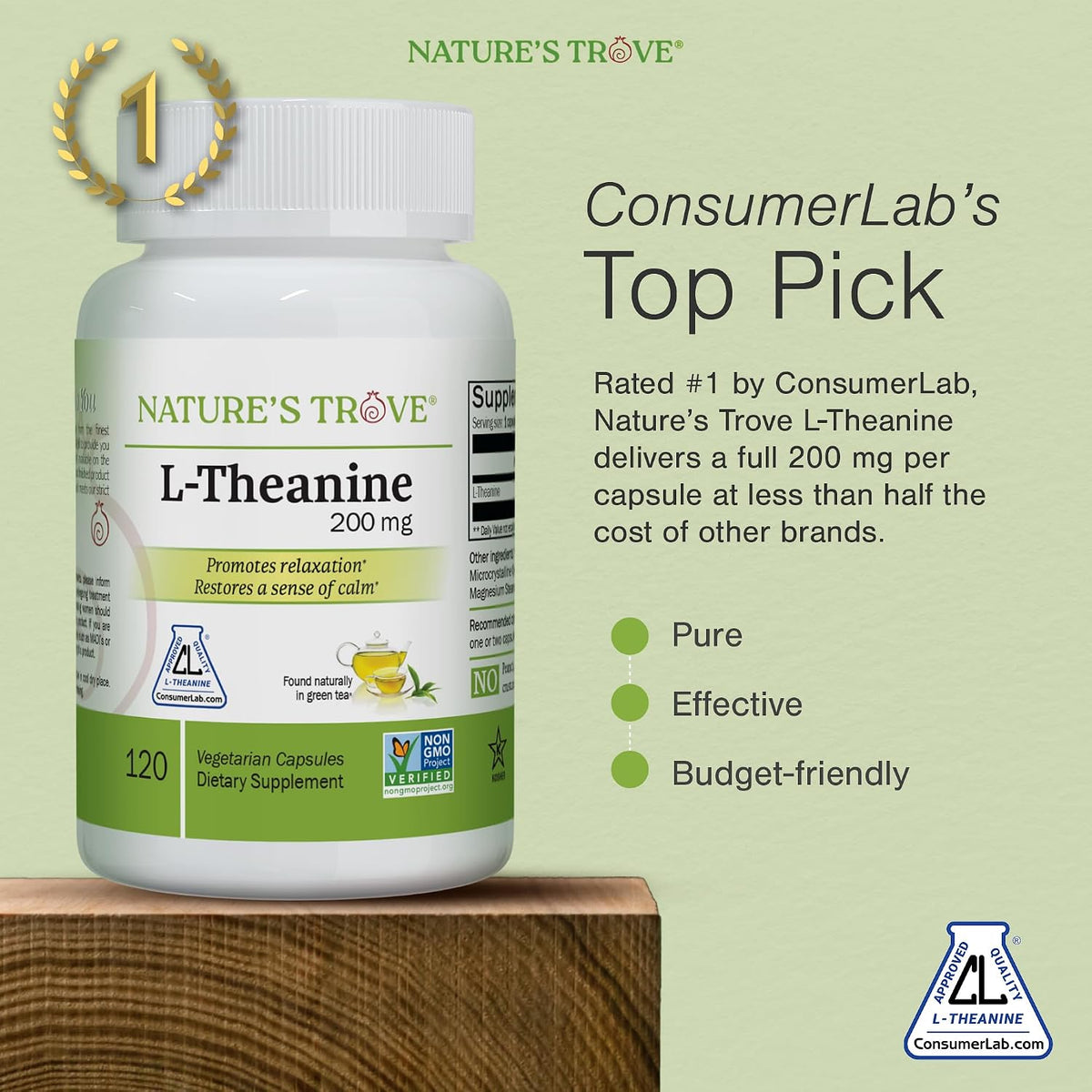 Nature's Trove L-Theanine supplement bottle showing back label and ingredients