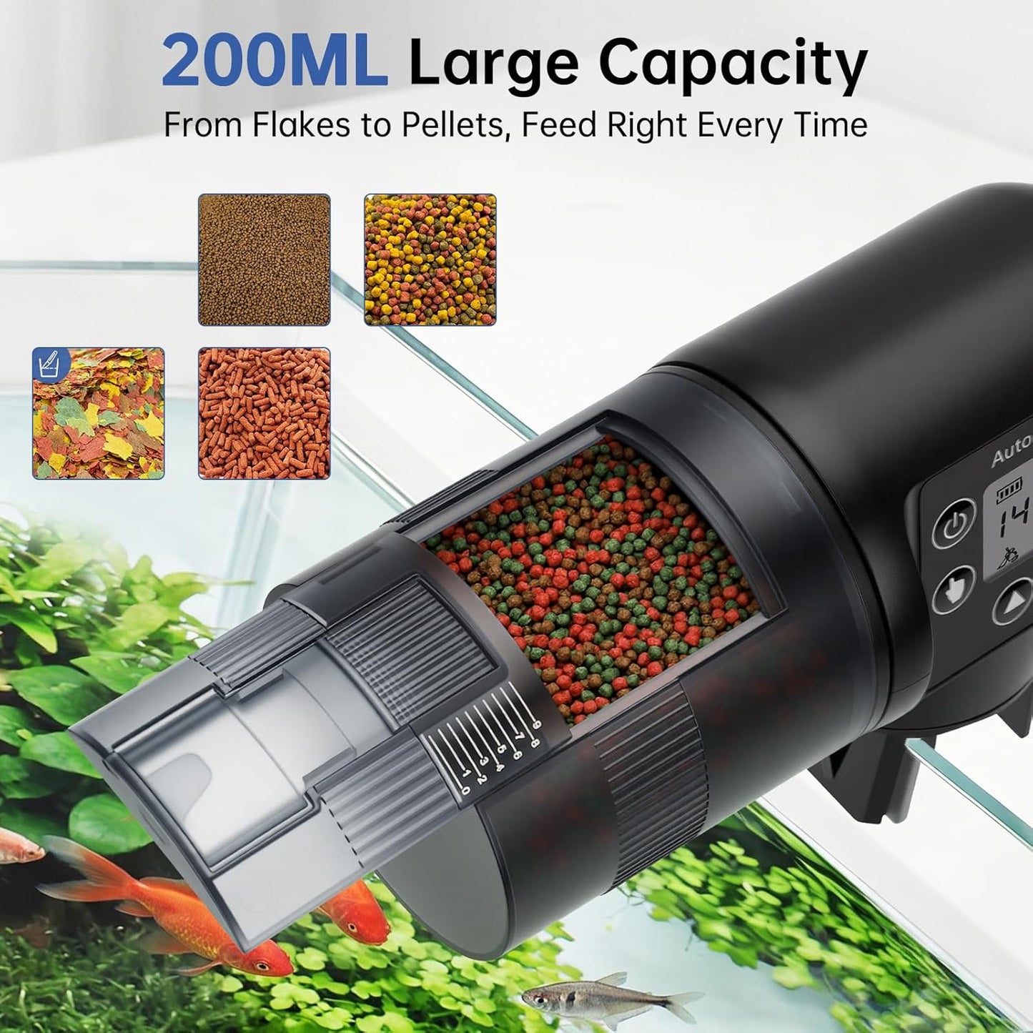 Adjustable portion control slider on a 200 milliliter large capacity fish food drum.