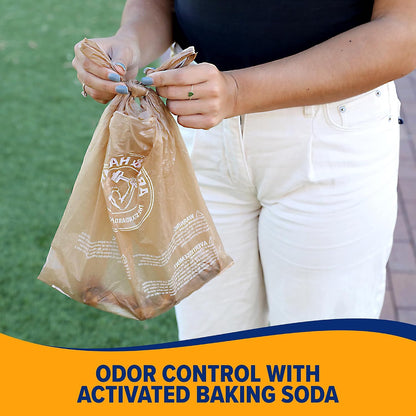 Close up of easy tie handles on heavy duty pet waste bags