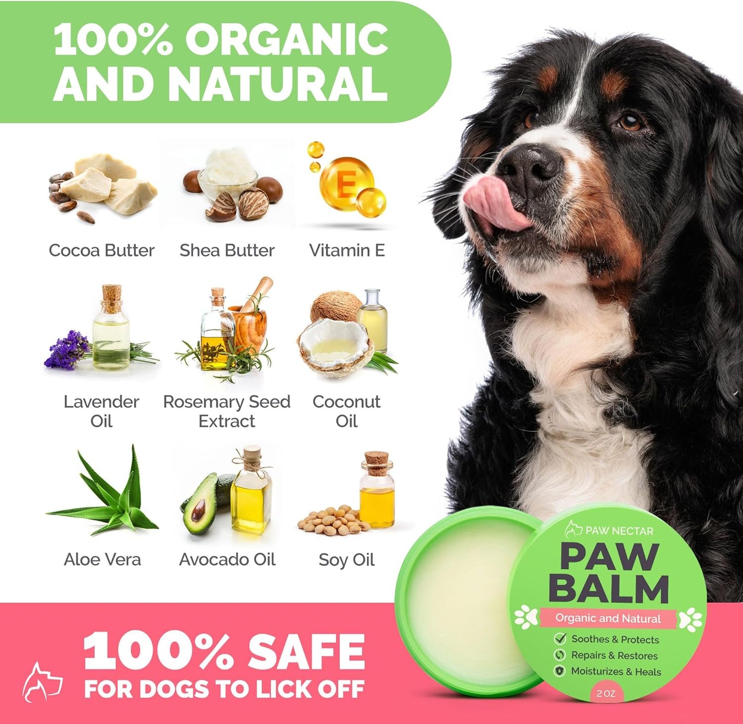 Paw Nectar dog paw balm product texture and ingredients display