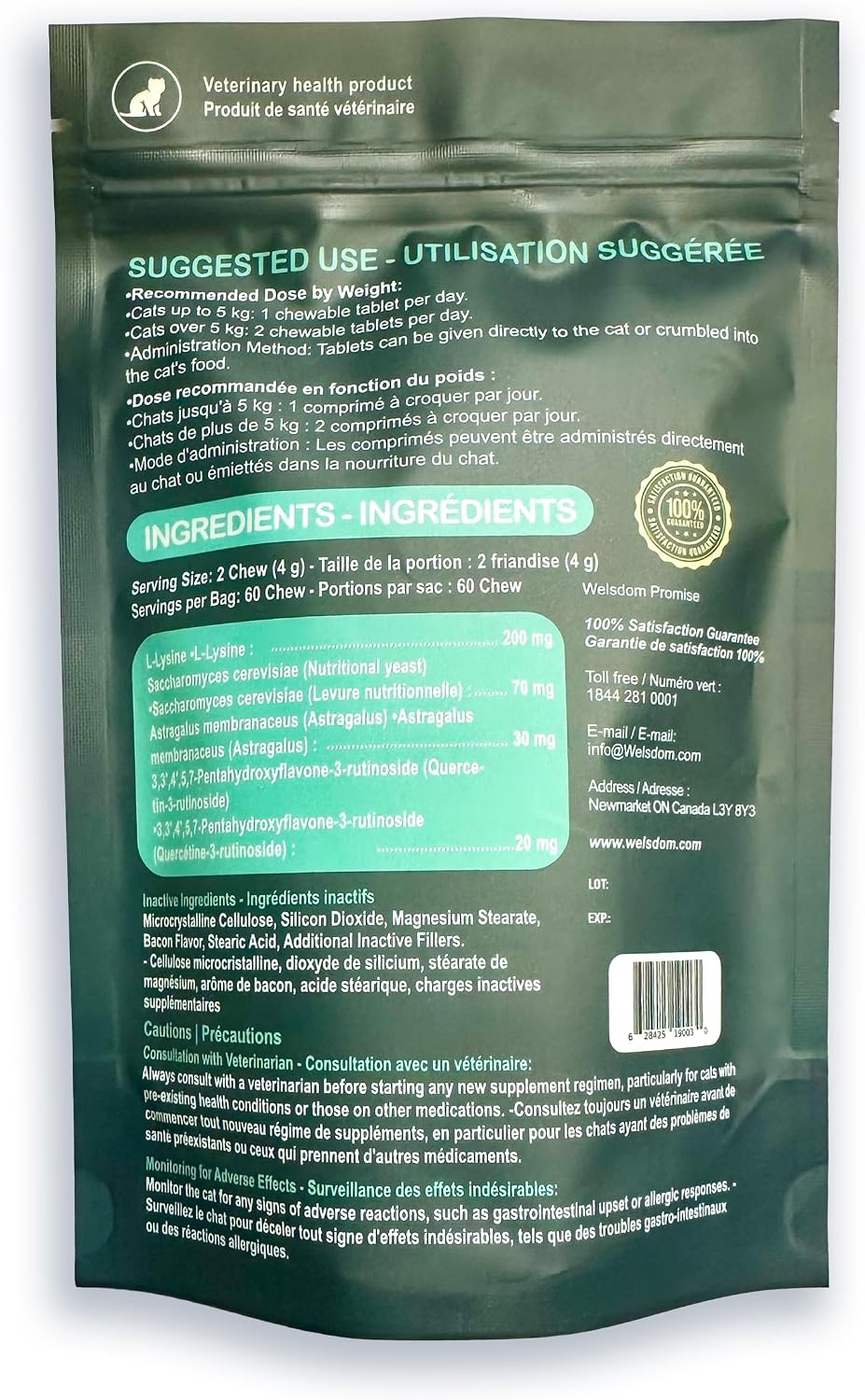 Welsdom Cat Immune Chews ingredients list on bottle