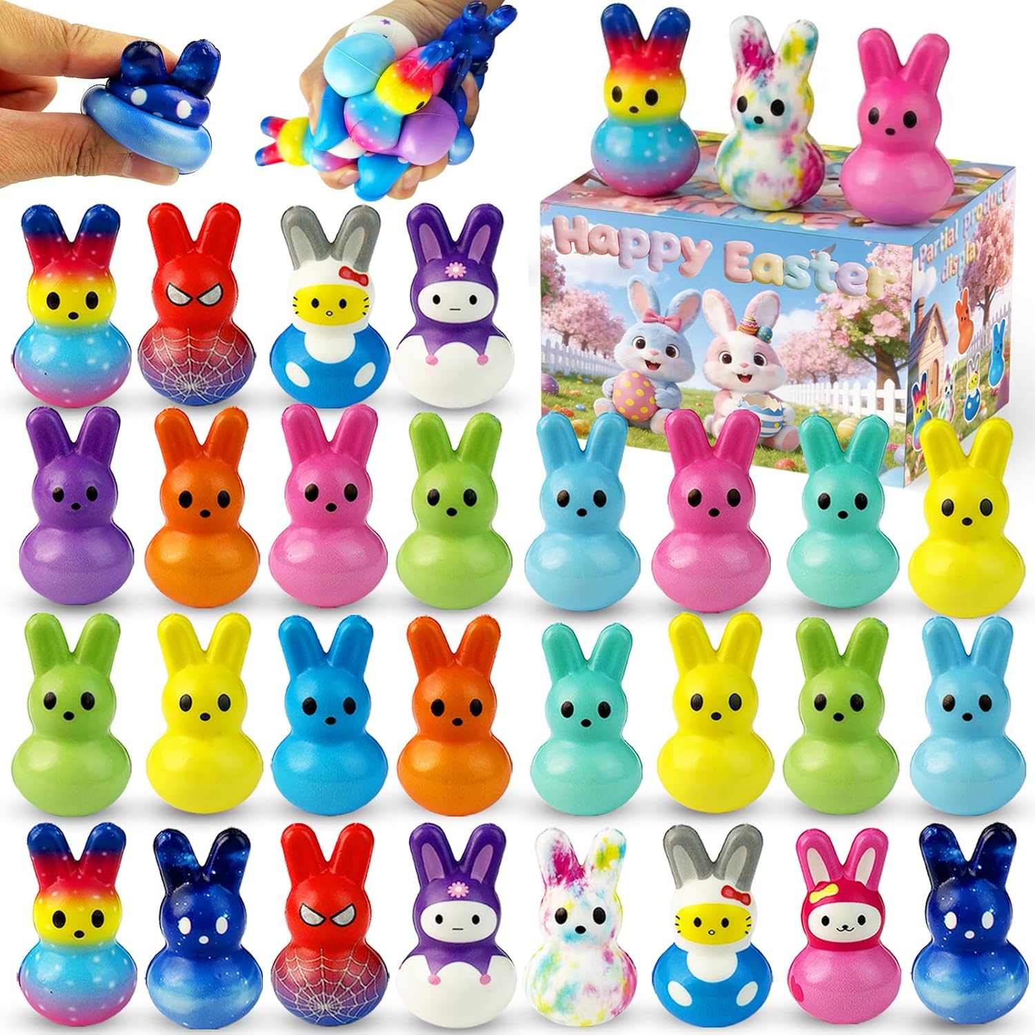 Vkovnis thirty piece easter bunny slow rising squishy toys front view showing colorful assortment.