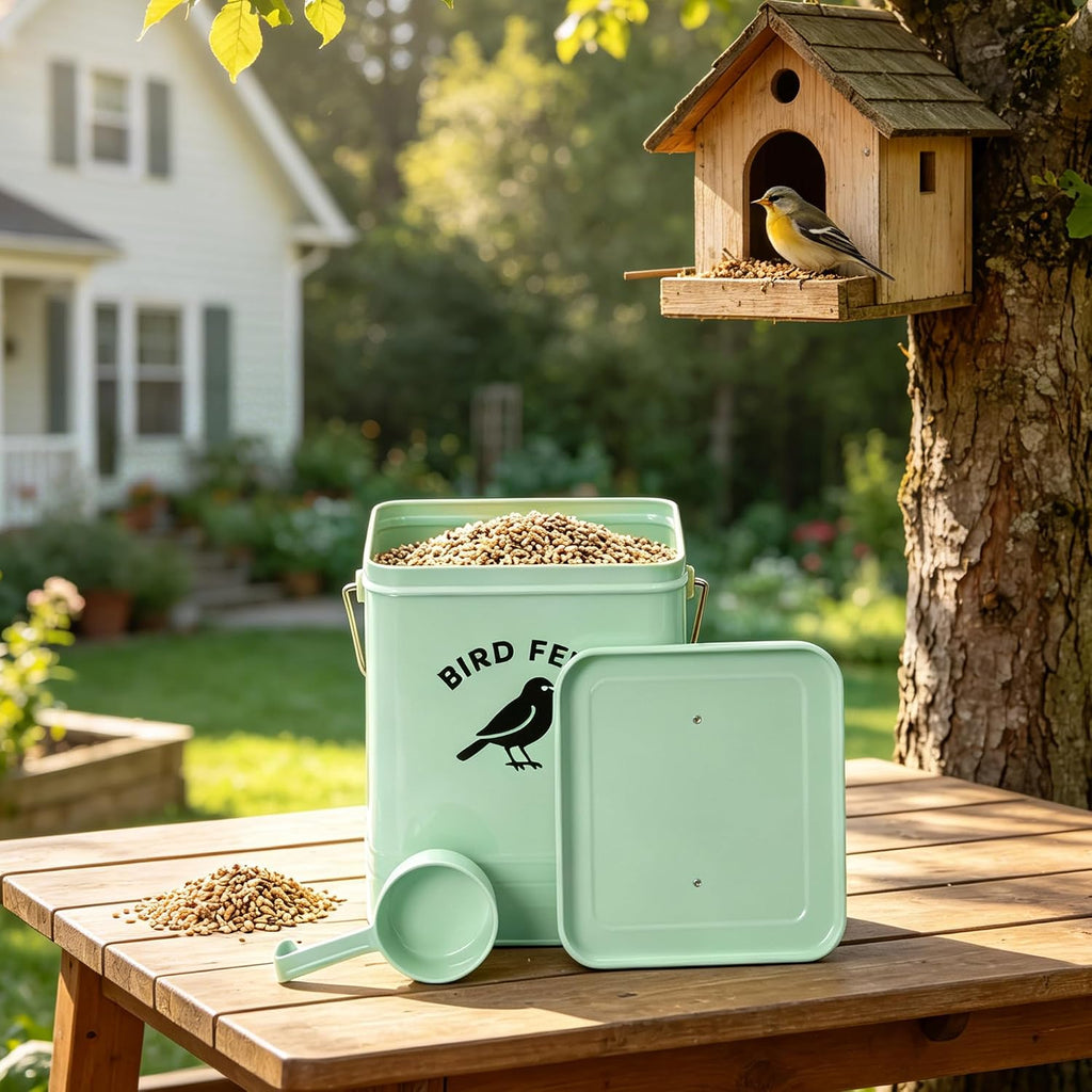 Candco rustic metal feed storage bin lifestyle placement.