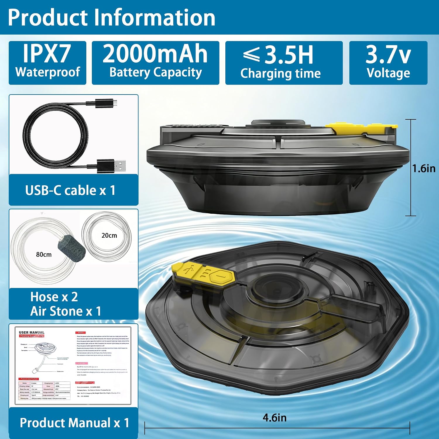 Miumone portable fish oxygen pump submerged in water