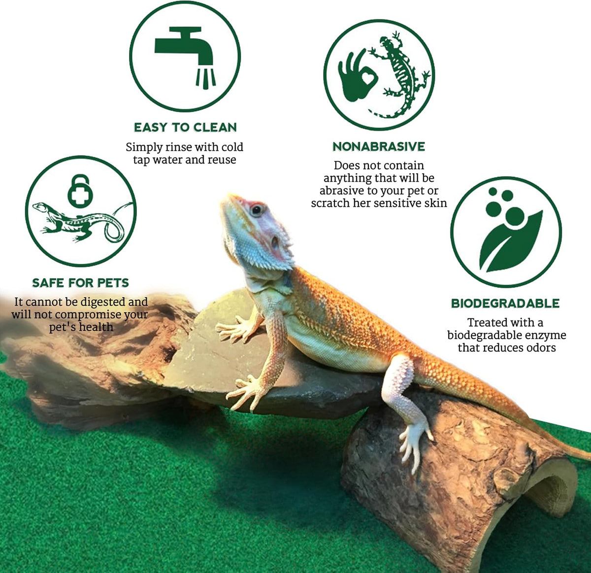 Bearded dragon resting comfortably on green reptile carpet substrate