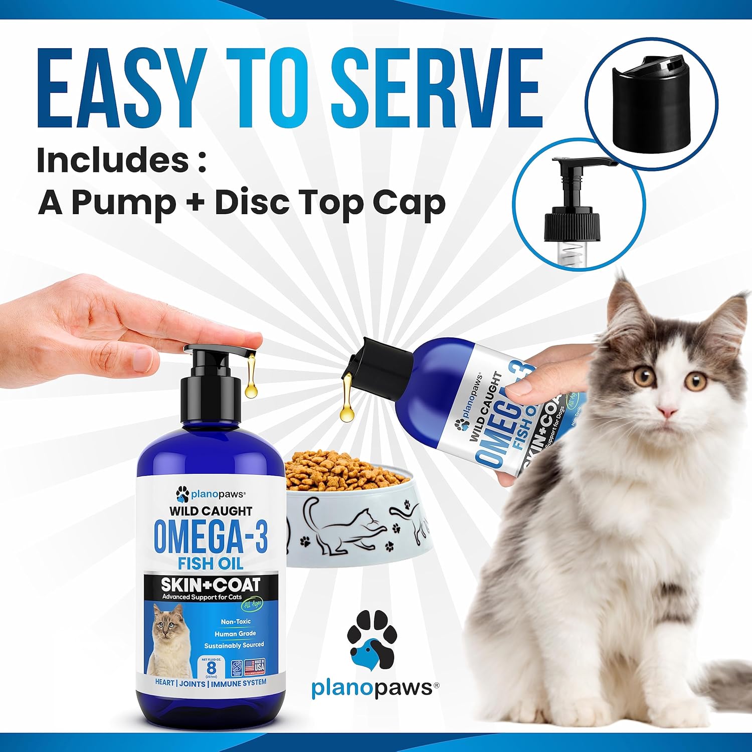 Plano Paws cat dandruff treatment product packaging showcasing immune and joint benefits.